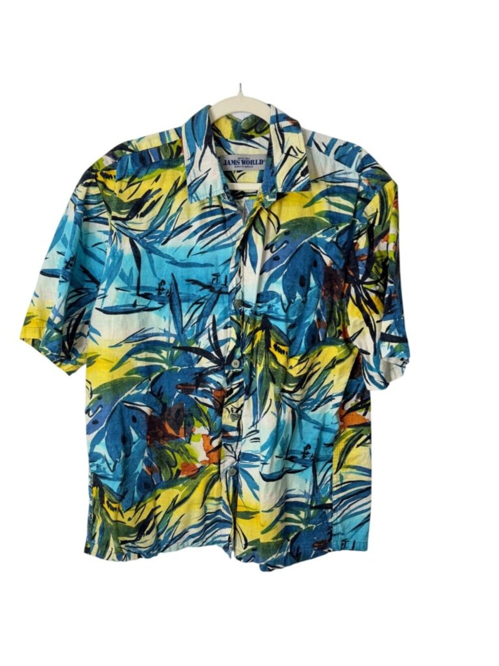 Jams World Mens Size L Hawaiian Shirt Cotton Palm Blue Yellow Hawi Tropical